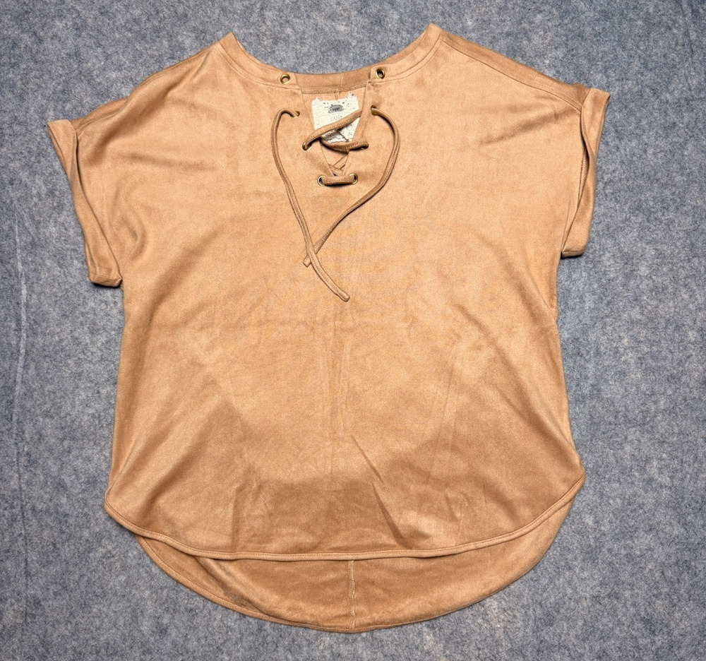Cupio Suede Tan Shirt With Criss Cross Front Detail Shirt Blouse Women's Large